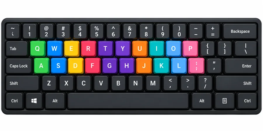 Compact keyboard with the top and home row keys color-coded by finger, Q above A, W above S and so on