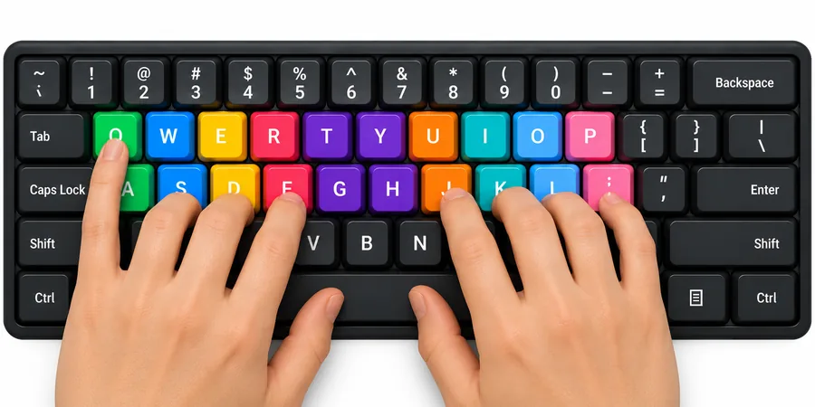 Left pinky reaching up from A to press the Q key while the other fingers stay on the home row