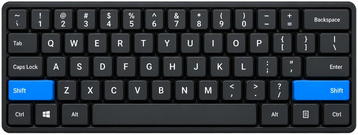 Keyboard with the left and right Shift keys highlighted in blue. Use the Shift key on the opposite side from the letter.